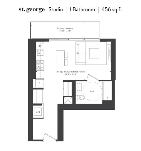 Floor plan for studio, 1 bath, 464 sqft